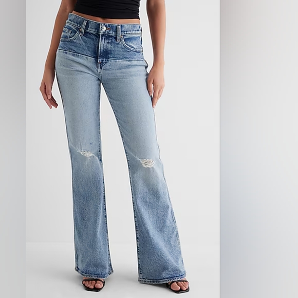 Express Mid Rise Medium Wash Two-Tone Ripped '70s Flare Jeans 8R - Picture 1 of 7